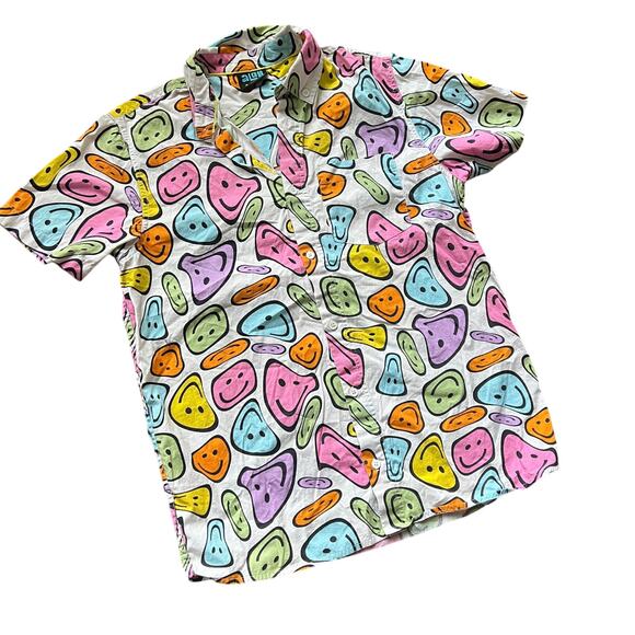 VTG aLab Mens Small Smiley Face Print Short Sleeve Button Up Shirt Funky Novelty - Picture 1 of 7